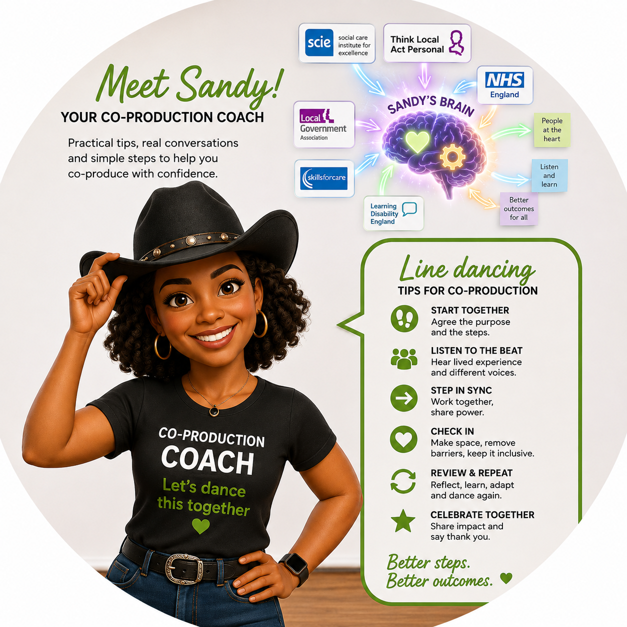Sandy, the co-production coach, sharing line dancing tips for co-production